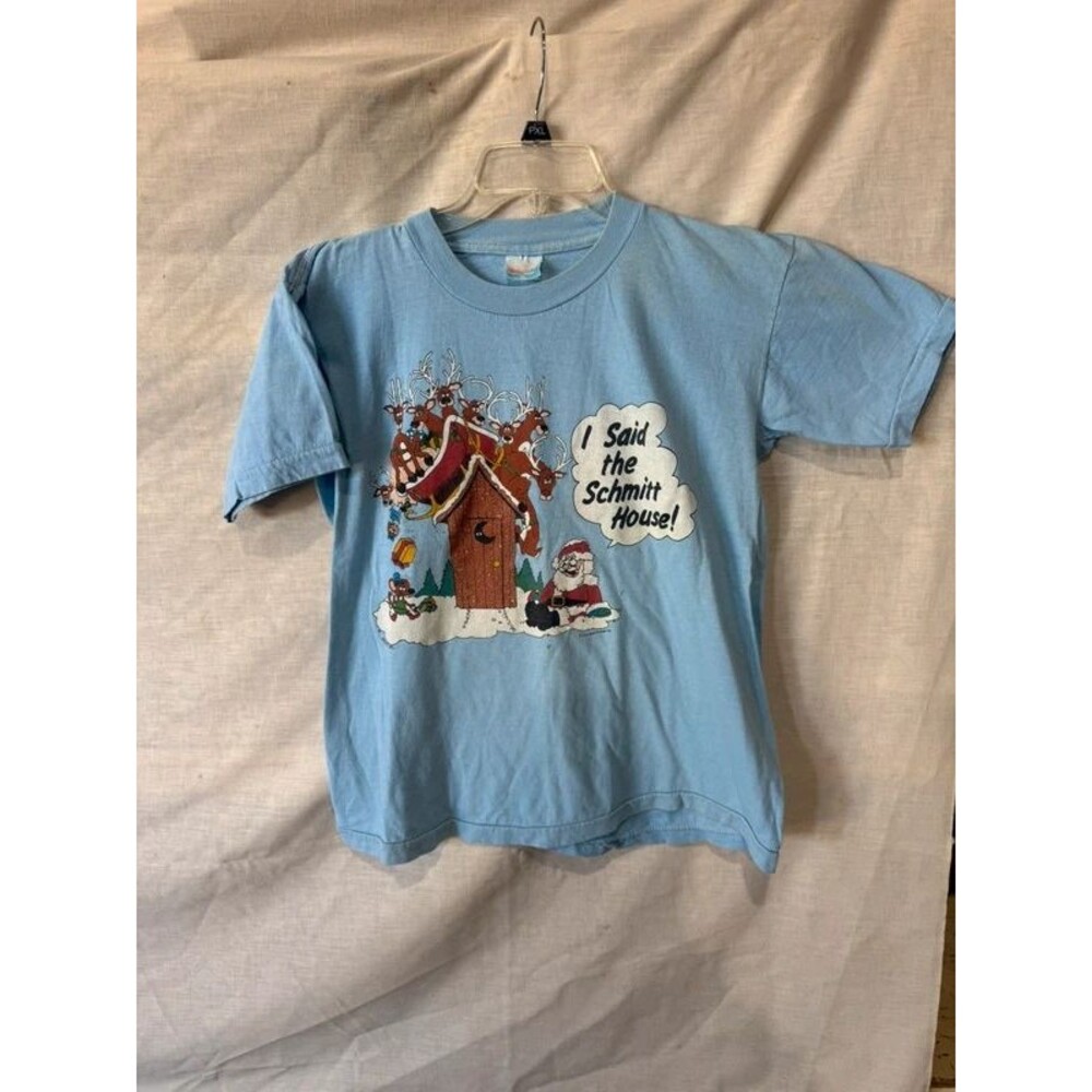Single Stitch Christmas Light Blue Vintage Santa Schmitt House Graphic T-Shirt M